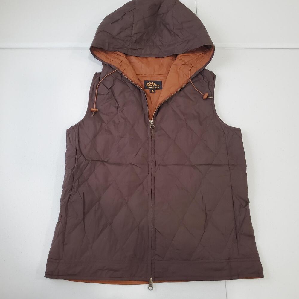LL Bean Vest Womens Small Brown Hooded Quilted Down Puffer Zip Lined Outdoor